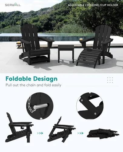 Vista 5 de SERWALL Juego de 5 piezas con silla Adirondack ajustable, puf otomano y mesa, negro