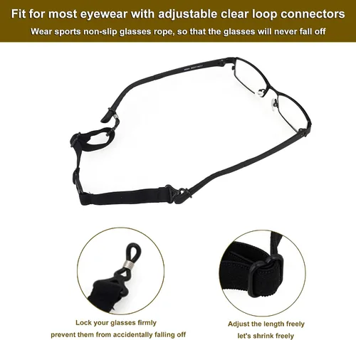 Vista 6 de RDEXP Correa deportiva elástica ajustable para lentes y gafas con hebilla de botón, paquete de 5, Negro