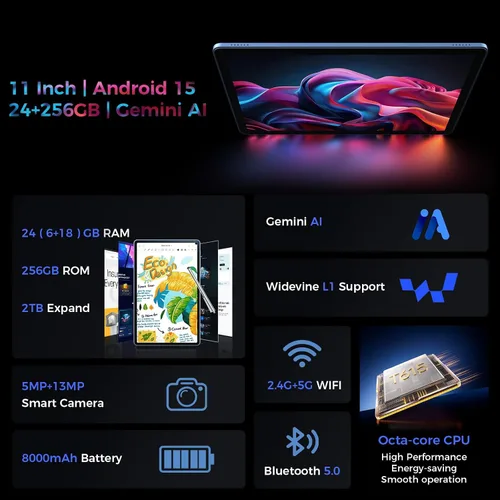 Vista 2 de Suicoey Tablet Android 15 de 11 pulgadas 2026 con teclado, 24 GB de RAM + 256 GB de ROM, 2 TB Expand, Octa-core, 8000mAh, 5+13MP, 2.4G y 5G WiFi