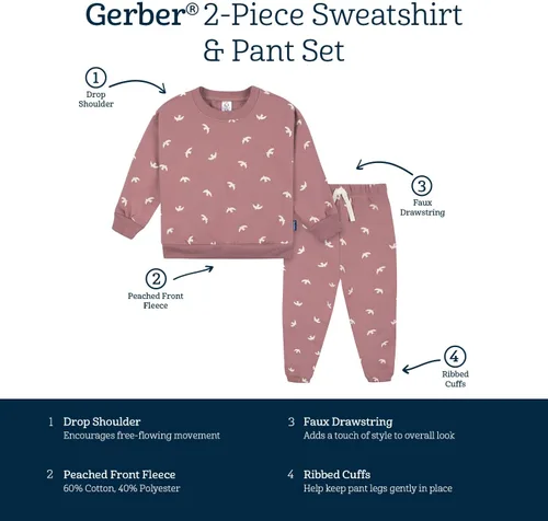 Vista 6 de Gerber Conjunto de sudadera y pantalón deportivo de forro polar de 2 piezas para bebé niña