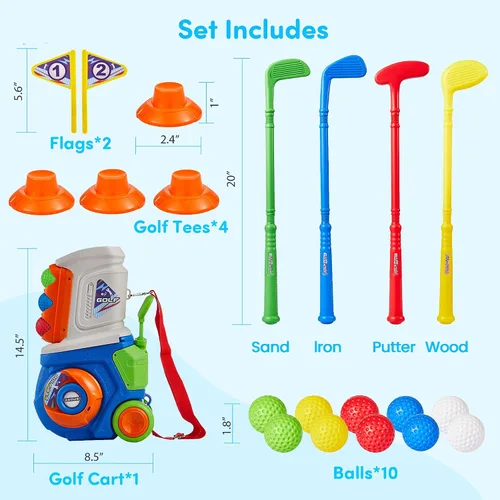 Vista 6 de PJG Juego de golf para niños pequeños, palos de golf de plástico para niños de 1, 2, 3, 4, 5 años con 4 palos de golf y 10 pelotas, juguetes de golf