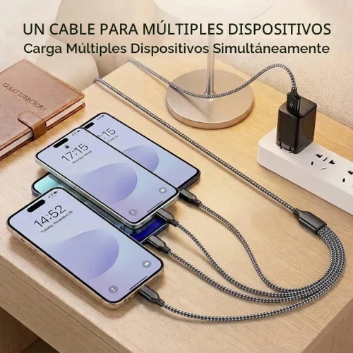 Vista 6 de Doub Tyep-C 4 en 1 cable de carga múltiple de 4 pies, cable de carga de nailon trenzado Lightning para iPhone, cable de carga universal con tipo C