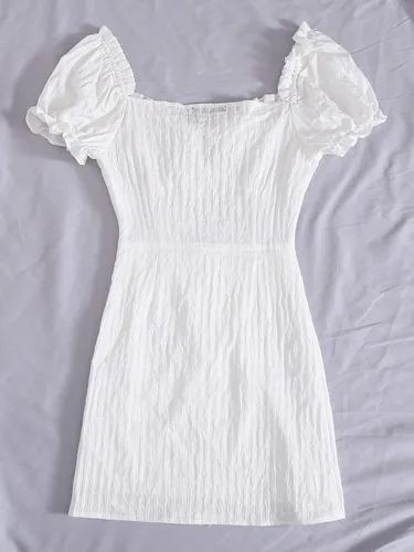 Vista 2 de Floerns Mini vestido de mujer con cuello corazón y manga abombada con volantes y lazo frontal