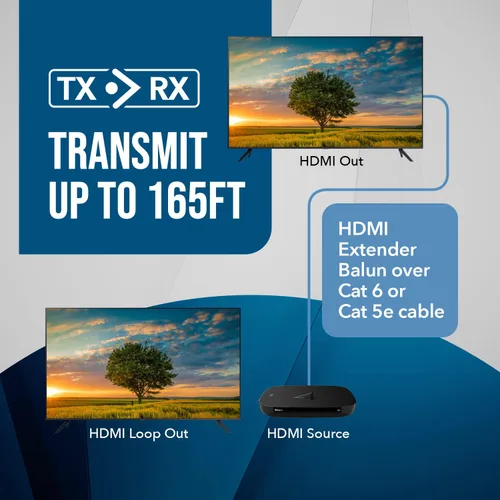 Vista 4 de Extensor HDMI Balun sobre Cat6/Cat5e hasta 165 pies de KenKoy - hasta 1080p con bucle HDMI en transmisor y extensión IR (ET164)