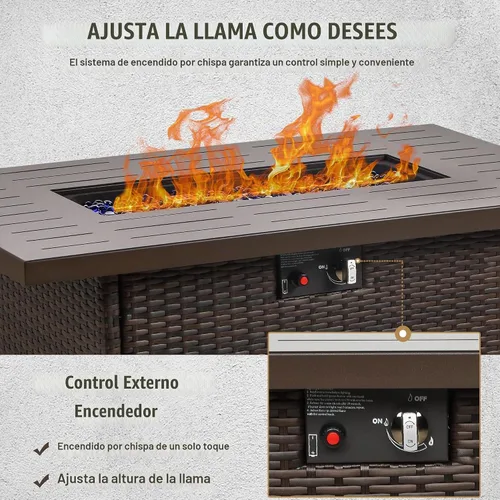 Vista 4 de Mesa de Fogata de Propano, 44 Pulgadas 55000 BTU Fogata de Gas Exterior Rectangular con Protector de Viento de Vidrio para Patio y Terraza Exterior