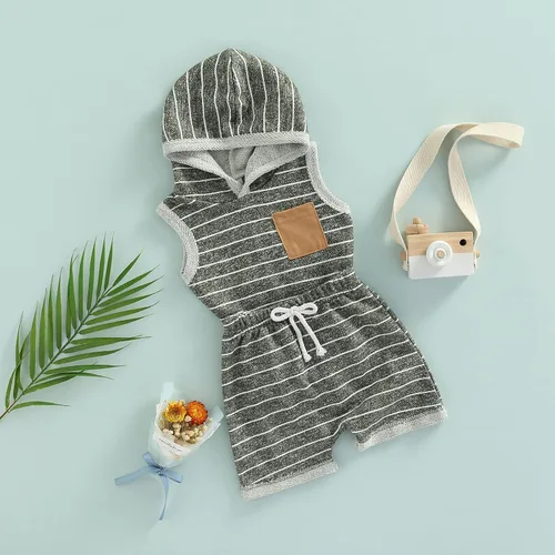 Vista 2 de Conjunto de ropa de verano para bebés y niños pequeños, a rayas, liso/teñido anudado, sin mangas, sudadera con bolsillo y pantalones cortos