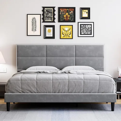 Vista 7 de Base de cama tamaño matrimonial, base de cama con cabecera cuadrada de terciopelo, soporte de listones de madera, antideslizante y sin ruido,