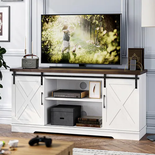 Vista 10 de IDEALHOUSE Soporte de TV de granja, centro de entretenimiento para consola multimedia de TV de 65 pulgadas, puertas de granero blancas
