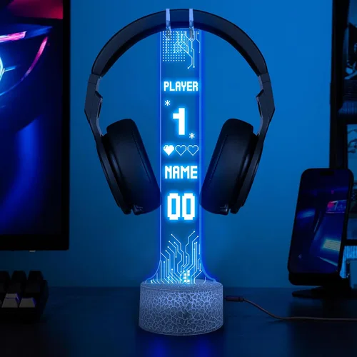Vista 2 de NAZENTI Soporte LED personalizado para auriculares con diseño de marcador, soporte de escritorio para auriculares iluminado para hombres novio