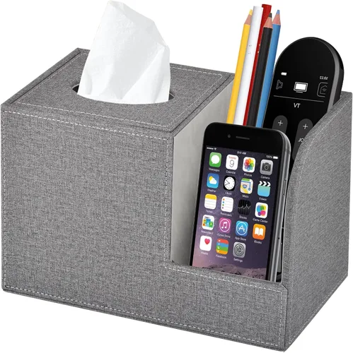 Vista 8 de Funda de caja de pañuelos de cuero PU cuadrada, Soporte de caja de pañuelos multifuncional, Caja de pañuelos con almacenamiento, Soporte de pañuelos