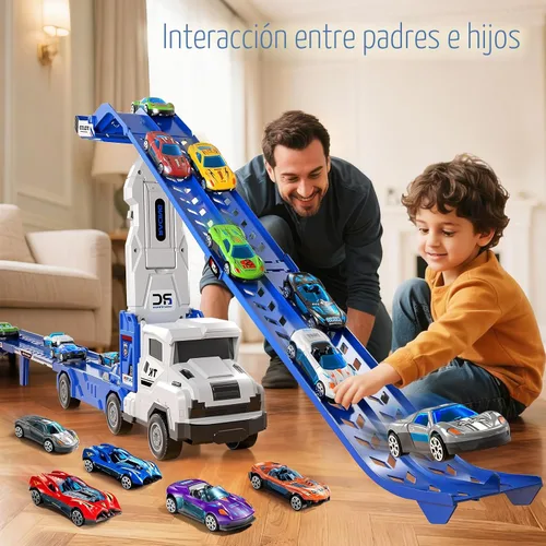 Vista 4 de Juguetes de camiones de transporte para niños de 3, 4, 5, 6 y 7 años, juego de camiones transportadores con pista de carreras y 12 juguetes de autos