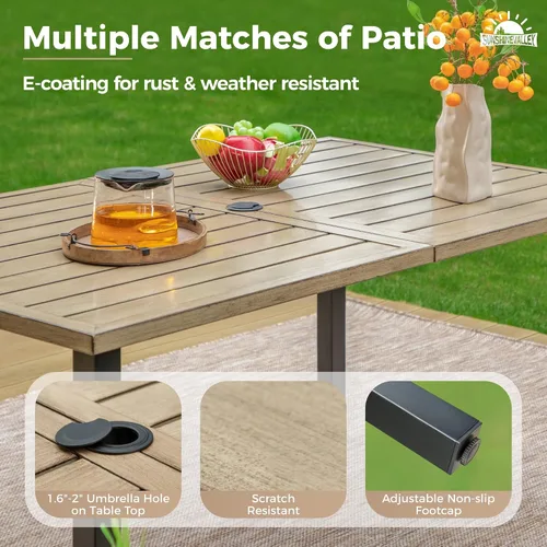 Vista 2 de SUNSHINE VALLEY Juego de 7 sillas de comedor para patio, material metálico, 6 sillas de comedor de color teca rectangular con agujero para sombrilla