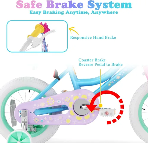Vista 4 de KORIMEFA Bicicleta para niñas de 2 a 12 años, 12, 14, 16, 20 pulgadas, bicicleta para niños pequeños con ruedas de entrenamiento, bicicleta