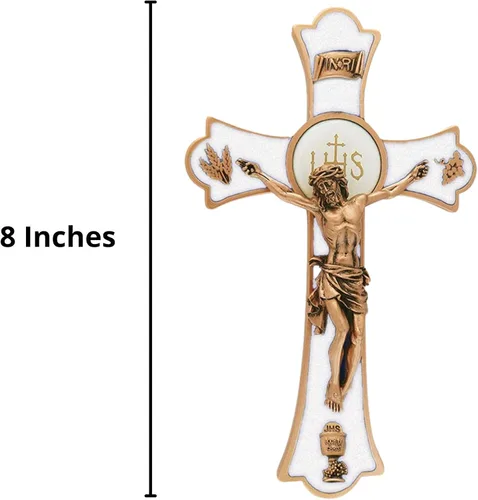 Vista 2 de Jeweled Cross First Communion Holy Mass Crucifix con cruz de pared de cáliz, 8 pulgadas de altura, tono dorado y blanco, epoxi