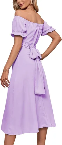 Vista 2 de LYANER - Vestido fruncido con hombros descubiertos, volantes, cruzado, de manga corta y abombada, para atar por detrás