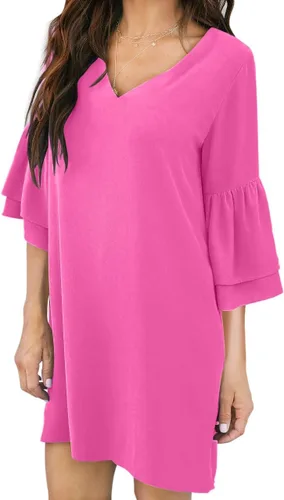 Vista 2 de BELONGSCI Vestido de verano 2024 para mujer, dulce y lindo, con cuello en V, manga acampanada, mini vestido, perfecto para bodas o graduaciones