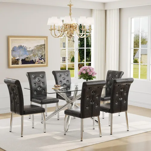 Vista 24 de Juego de mesa de comedor moderna para mesa de comedor negra de 4,63 pulgadas, juego de 4 con patas de metal dorado, mesa de cocina rectangular