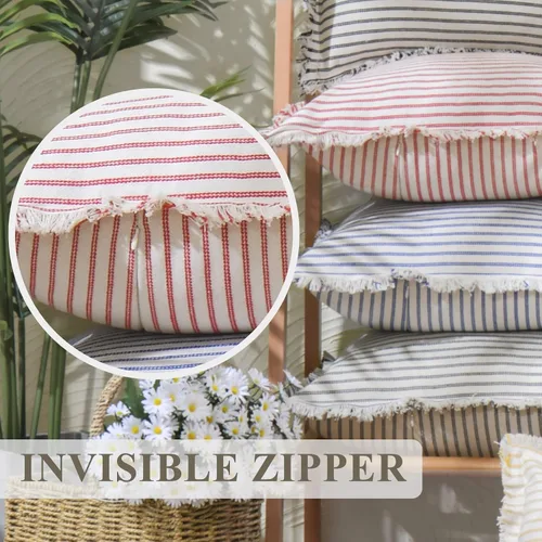 Vista 4 de Fundas de almohada ZWJD de 16 x 16 pulgadas, juego de 2 fundas de almohada a rayas con borlas, fundas de almohada de algodón chic, fundas de cojín