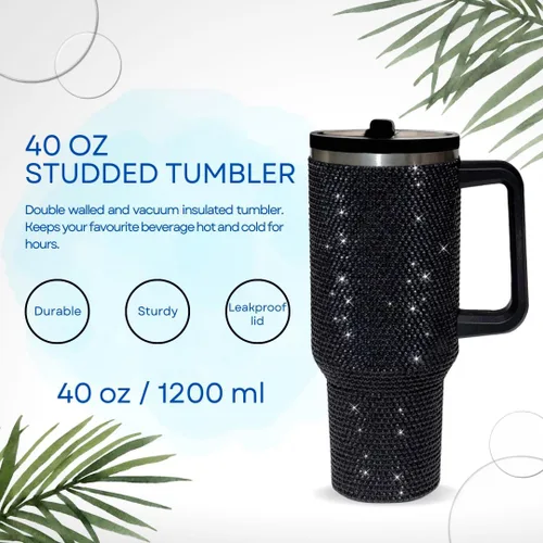 Vista 5 de Vaso de 40 onzas con tachuelas de strass con mango, popote y tapa, botella de agua de acero inoxidable aislada de doble capa para mujeres, taza