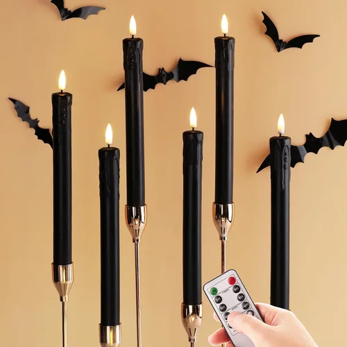 Vista 9 de Eywamage - Velas de mecha sin llama negras con control remoto, velas LED para Halloween a batería, juego de 6