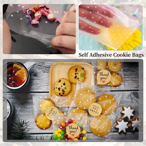Vista 3 de YVPSI Bolsas autoadhesivas para galletas, bolsas de celofán transparentes con sello, etiquetas de agradecimiento para embalaje, dulces, panadería