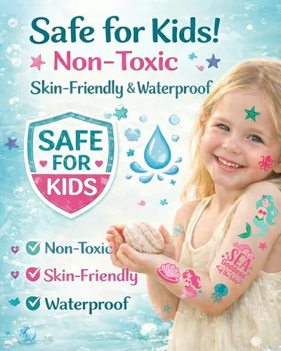 Vista 6 de Tatuajes temporales de sirena para niños, 106 bonitos diseños de océano y sirena, impermeables, no tóxicos y agradables al tacto, fáciles