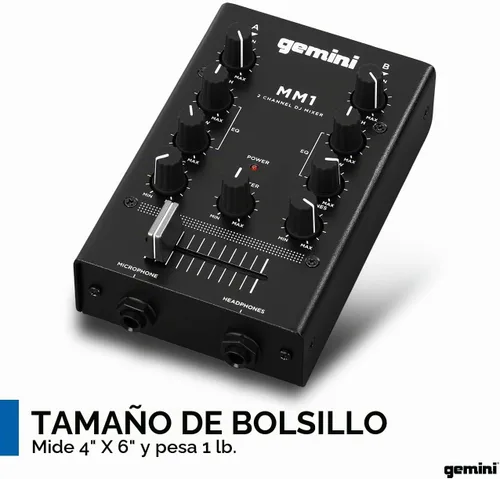 Vista 6 de Gemini - MM1 Mezcladora para DJ estéreo de 2 canales profesional. Compacta, con 2 bandas giratorias. Con fundido cruzado y control individual