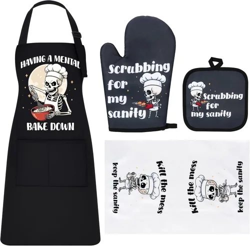 Vista 11 de Defresit Juego de delantales divertidos para hornear para mujeres y hombres, suministros de cocina para hornear 2 piezas blanco y negro