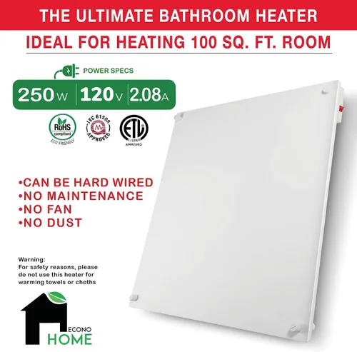 Vista 2 de EconoHome Panel de calentador de espacio para montaje en pared, calentador de convección a prueba de salpicaduras de 250 vatios con termostato