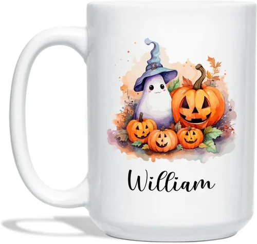 Vista 14 de Taza de café blanca personalizada de Halloween Besties, Besties Forever y 3 tazas de café Boo de 11 onzas y 15 onzas, bonita taza de cerámica Boo