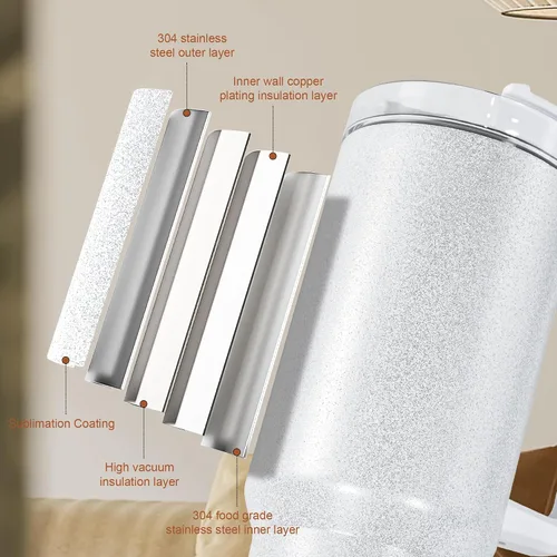 Vista 4 de AGH Paquete de 4 vasos de sublimación blancos con purpurina de 40 onzas con popote y tapa de acero inoxidable, vasos aislados al vacío de doble