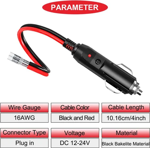 Vista 2 de Enchufe de repuesto para encendedor de cigarrillos macho de 12 V, enchufe macho de repuesto para encendedor de cigarrillos macho, con cables, luz