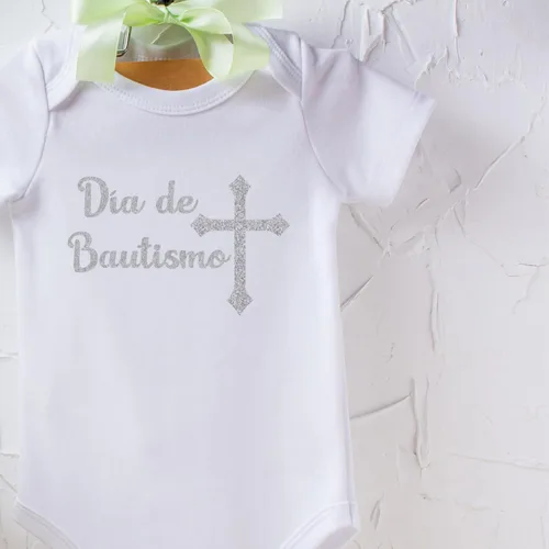 Vista 4 de Mi Bautizo Silver Glitter en Español Body de bautizo Regalo de bautismo Mono de bautismo para bebé
