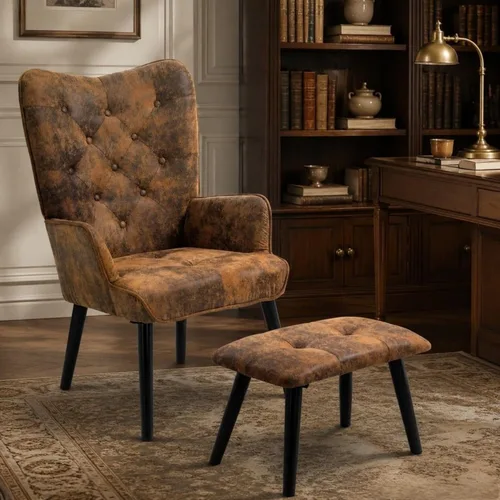 Vista 8 de ECOTOUGE Silla decorativa rústica con otomana, silla de respaldo de ala de microfibra alta con brazos, silla de lectura para sala de estar
