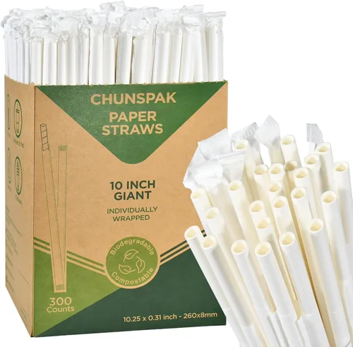 Vista 10 de Pajitas de papel desechables envueltas individualmente de 7.75 x 0.24 pulgadas, rayas coloridas [400 unidades] - biodegradables ecológicos