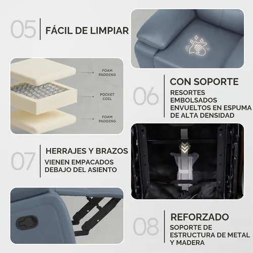 Vista 4 de Lexicon Leather Match - Sofá reclinable manual para pared, color azul
