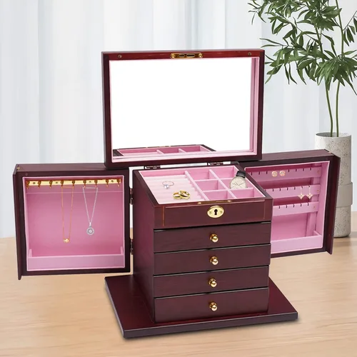 Vista 7 de YIYIBYUS Joyero de madera de 5 capas para mujer con espejo vintage caja de almacenamiento organizador de regalo gabinete de regalo