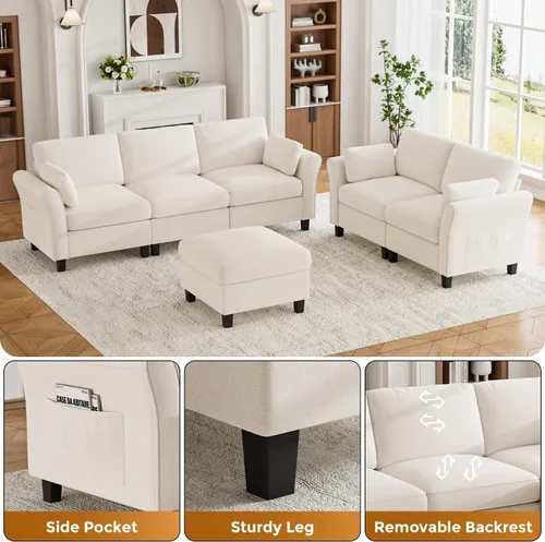 Vista 6 de Legend Vansen Sofá modular seccional, cómodo sofá modular en forma de U de 6 asientos con espacio de almacenamiento y diván, sofás seccionales Crema