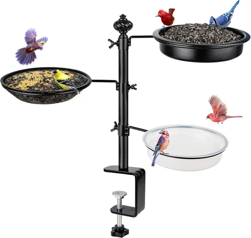 Vista 10 de Comedero para pájaros de balcón para barandilla de cubierta, montado en cubierta con bandeja de semillas para exteriores, acero resistente ajustable