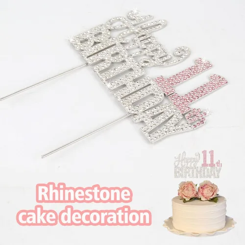 Vista 4 de Decoración de pastel de diamantes de imitación rosa y plateado con texto en inglés "Cheers to 11 Years Old Eleven Bday" de metal brillante