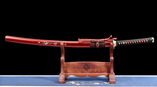 Vista 2 de Katana de arcilla templada de 41 pulgadas, hoja morada, acero al carbono 1095, espada samurái japonesa afilada, espada completa, hecha a mano