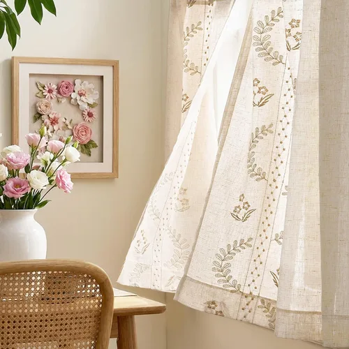Vista 4 de jinchan Cortinas de lino floral beige para cocina, 24 pulgadas, 2 paneles A Beige