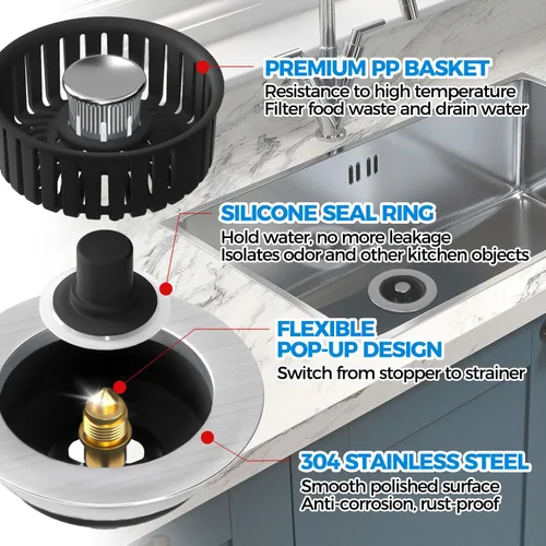 Vista 5 de zaa Colador de drenaje para fregadero, tapón 3 en 1 para fregadero de cocina, tapón de drenaje de cocina de acero inoxidable y cubierta con colador