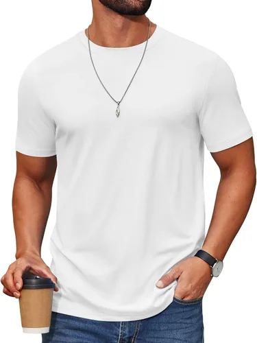 Vista 24 de COOFANDY Camiseta de manga corta para hombre, de mezcla de algodón, cuello redondo, informal, para verano, básica Verde militar