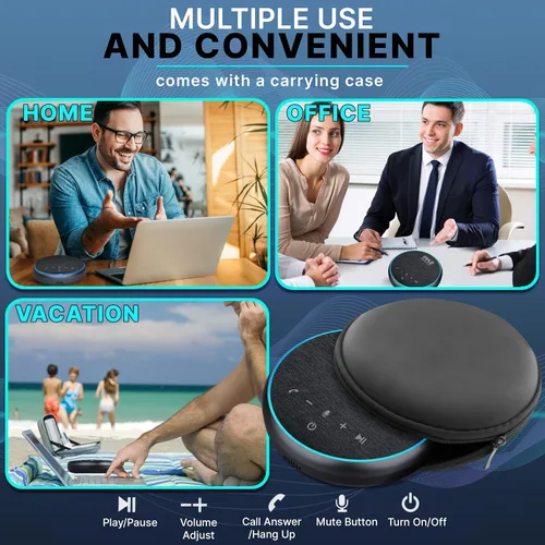 Vista 4 de Pyle Altavoz portátil para conferencias, teléfono inalámbrico multifuncional con altavoz BT con USB C y cable auxiliar, cobertura de micrófono