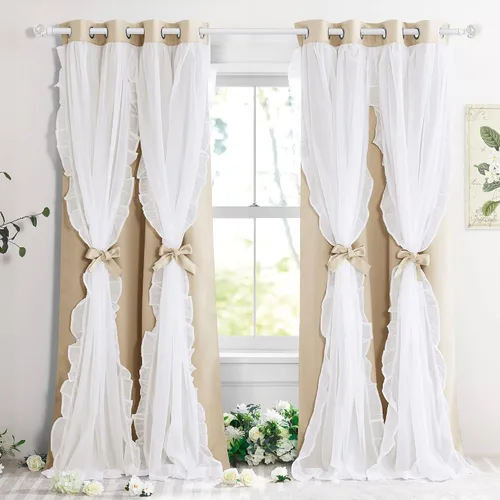 Vista 31 de PONY DANCE Cortinas con Volantes de Doble Capa con Superposición Transparente, Decoración Elegante para Ventanas de Diseño Rústico Francés de Campo