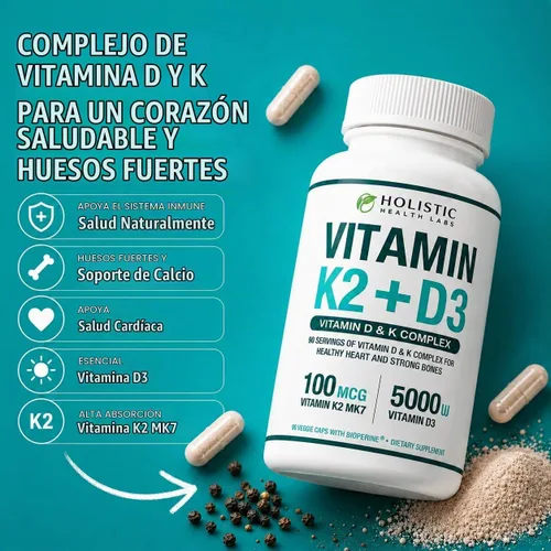 Vista 4 de Vitamina K2 + D3 de absorción máxima (5000UI), 90 cápsulas vegetales de MK-7 (Menaquinona-7) y colecalciferol (con BioPerina) Suministro de 3 meses