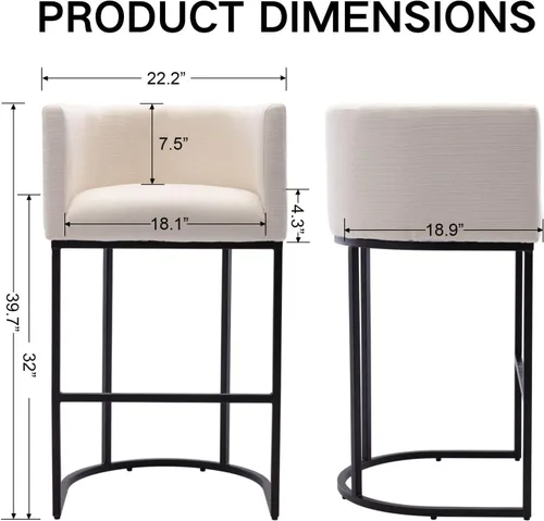 Vista 3 de Taburete de bar de lino de 32 pulgadas, taburete moderno de altura de barril con brazo, silla de mostrador tapizada, marco de metal negro para isla