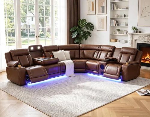 Vista 34 de Juego de sofá modular reclinable eléctrico para sala de estar, juego de sofá reclinable de cuero con luces LED / almacenamiento oculto, sofá
