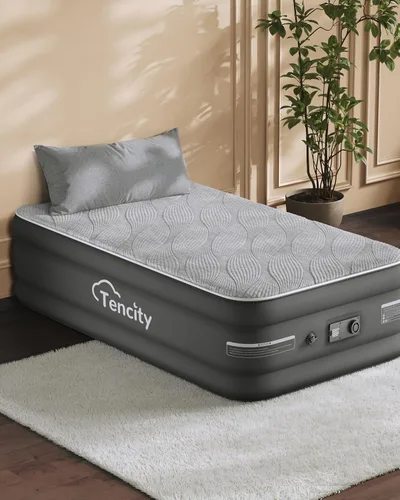 Vista 10 de Tencity - Cama de aire de inflado rápido, silenciosa y cómoda para invitados en el hogar, campamento, viajes, colchón de aire de lujo con cubierta